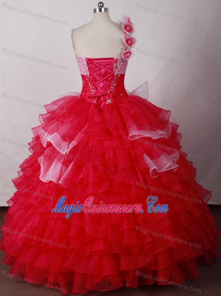 Hand Made Flowers One Shoulder Colored Layers Quinceanera Dresses