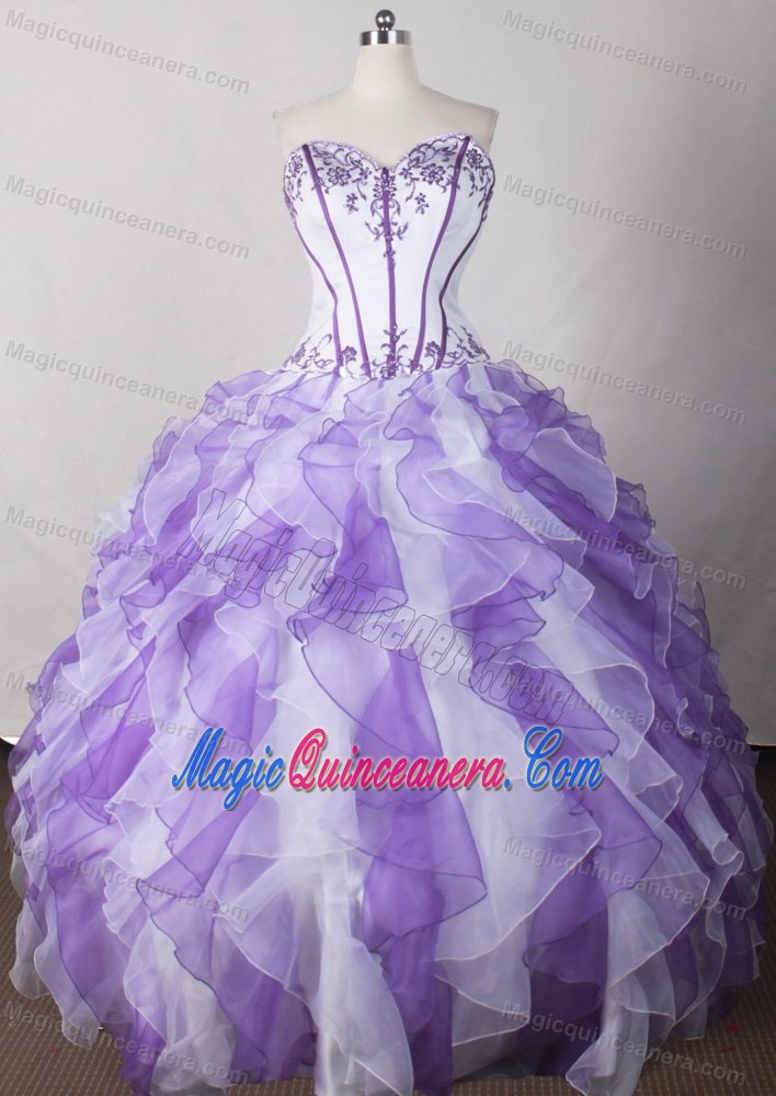Embroidery Organza White and Purple Quinceanera Dress with Ruffles