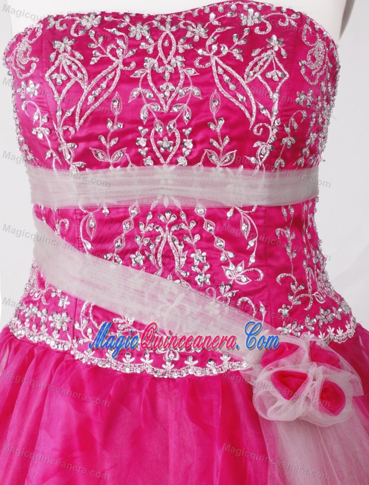 Appliques Beaded Hot Pink Quinceanera Dress with Hand Made Flowers