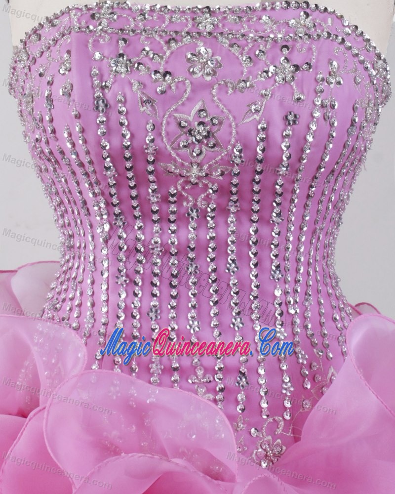 Pretty Pink Organza Sweet 15 Quinceanera Dress with Layered Ruffles