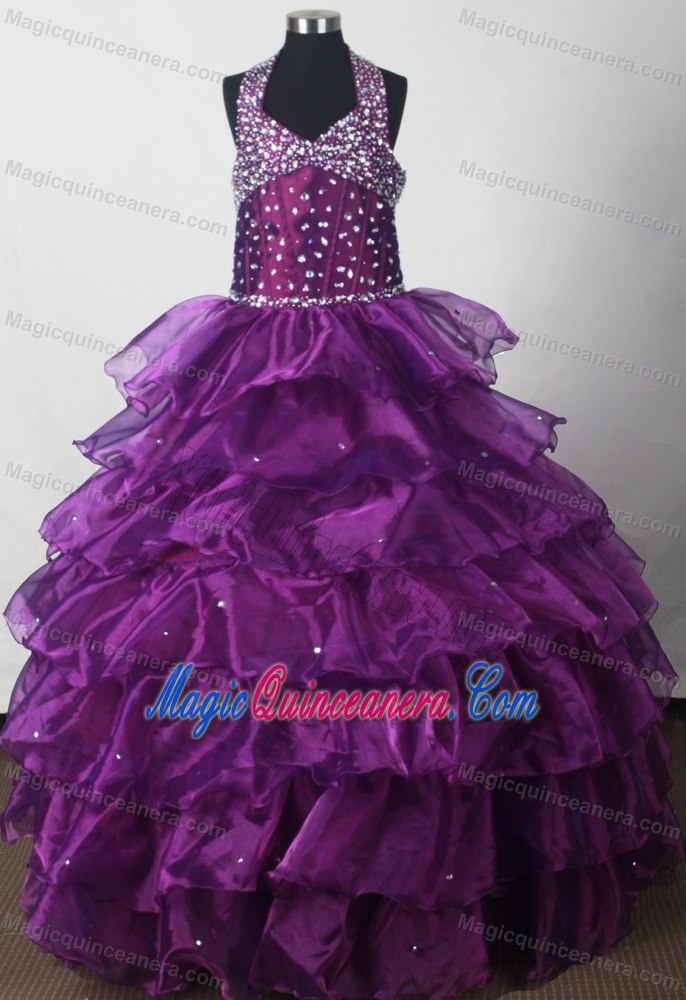 Beading Halter Eggplant Purple Tired Organza Quinceanera Dresses