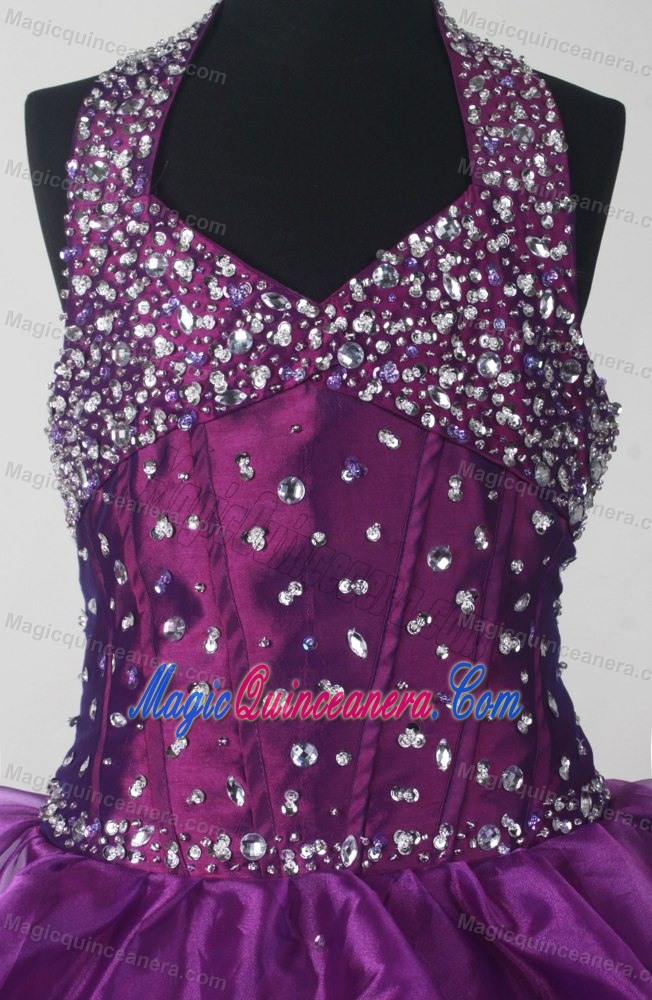 Beading Halter Eggplant Purple Tired Organza Quinceanera Dresses