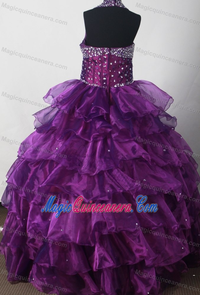 Beading Halter Eggplant Purple Tired Organza Quinceanera Dresses