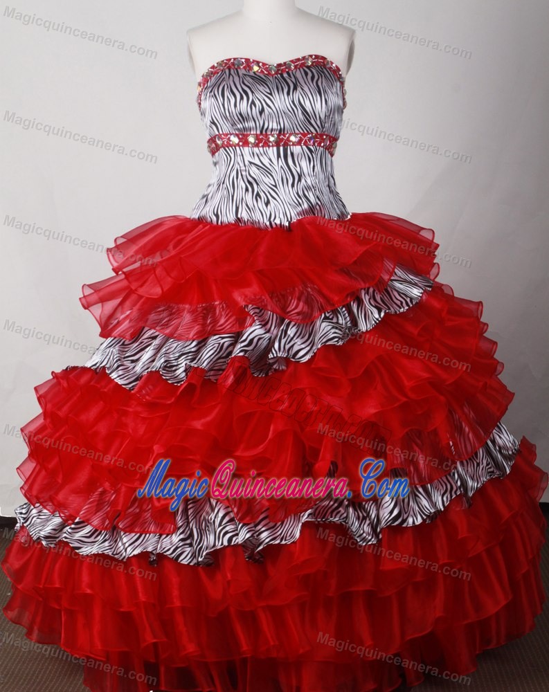 Zebra Layered Red Organza Beading Quinceanera Dress with Ruffles