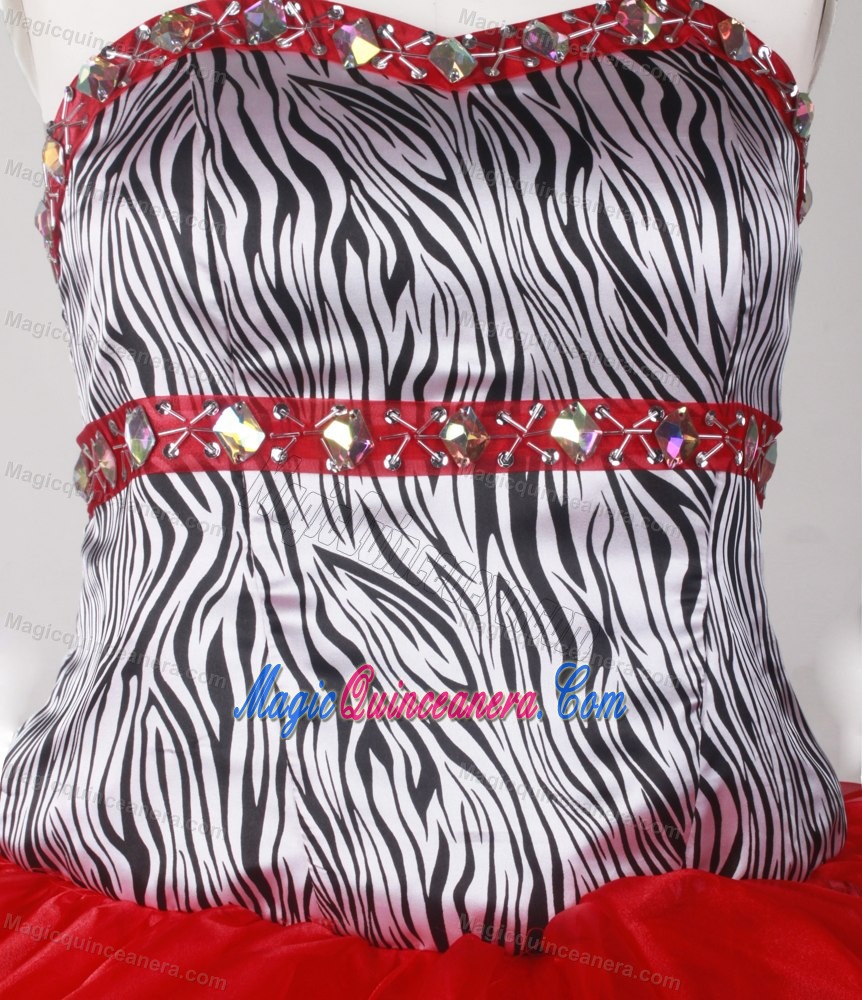 Zebra Layered Red Organza Beading Quinceanera Dress with Ruffles