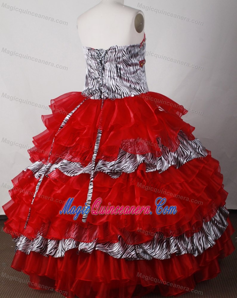 Zebra Layered Red Organza Beading Quinceanera Dress with Ruffles