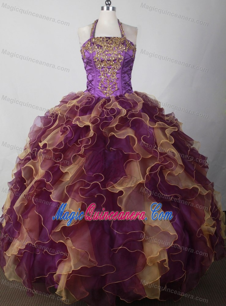 Halter Multi-colored Appliques Beaded Sweet 15 Quinceanera Dress