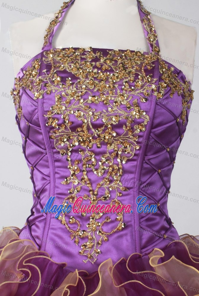 Halter Multi-colored Appliques Beaded Sweet 15 Quinceanera Dress