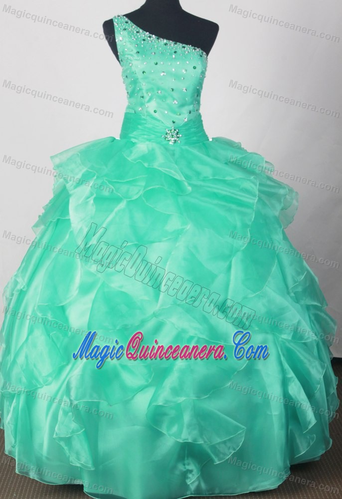 Turquoise One Shoulder Beaded Ruffles Sweet 16 Dresses for Quince
