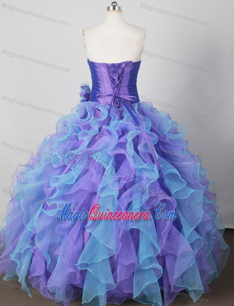 Colorful Appliques Ruched Quinceanera Dress with Hand Made Flower