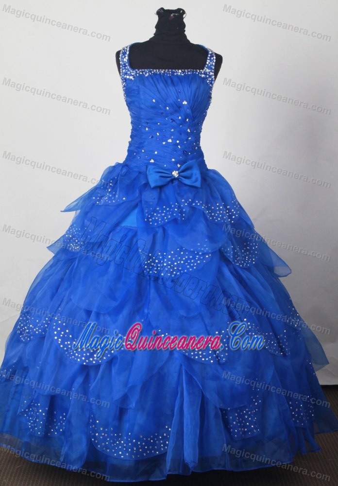 Beaded Wide Straps Ruching Ruffled Sweet 16 Dresses with Bowknot