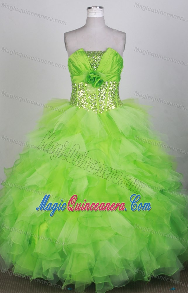 Sequined Hand Made Flowers Spring Green Ruffled Quinceanera Dress