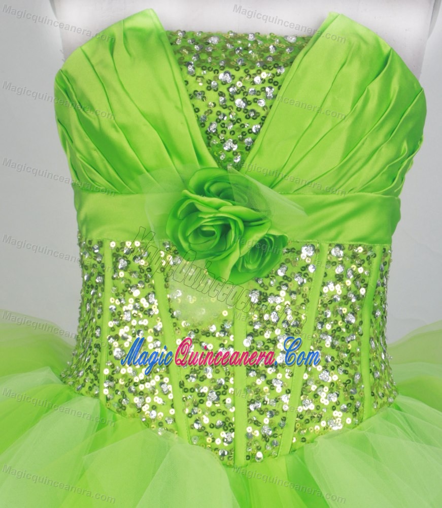 Sequined Hand Made Flowers Spring Green Ruffled Quinceanera Dress