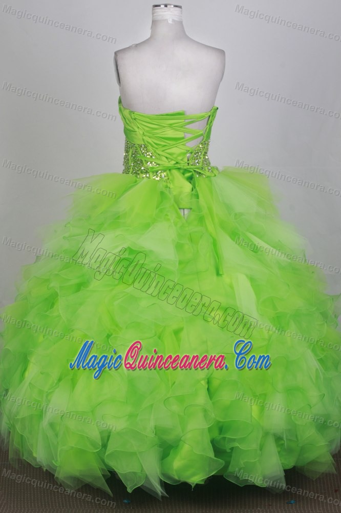Sequined Hand Made Flowers Spring Green Ruffled Quinceanera Dress