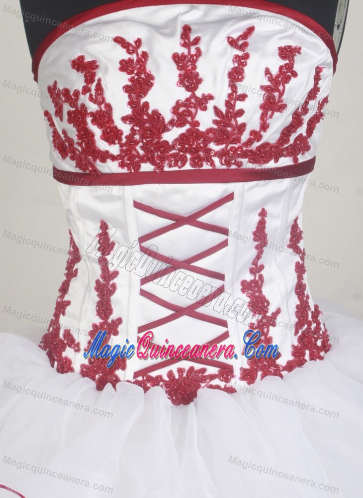 Tiered Organza White Ball Gown Red Appliques Quinceanera Dresses
