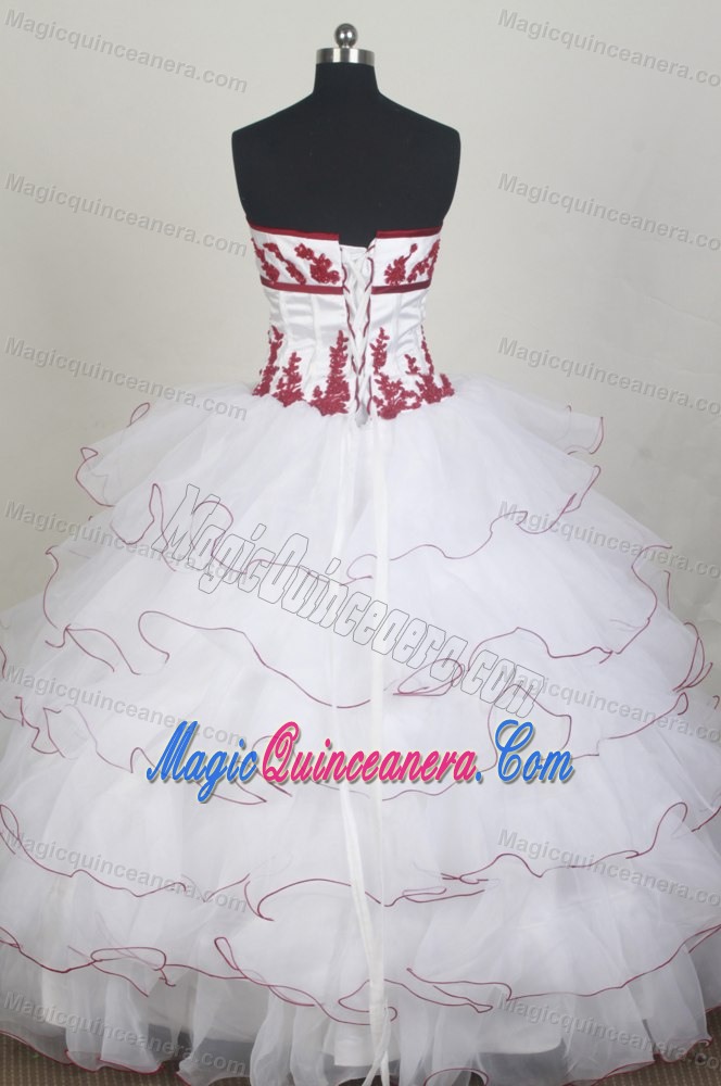 Tiered Organza White Ball Gown Red Appliques Quinceanera Dresses