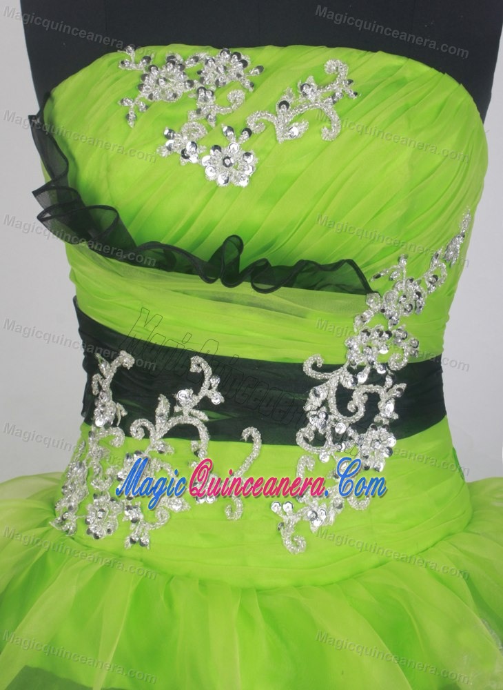 Tiered Spring Green and Black Quinceanera Dresses with Appliques