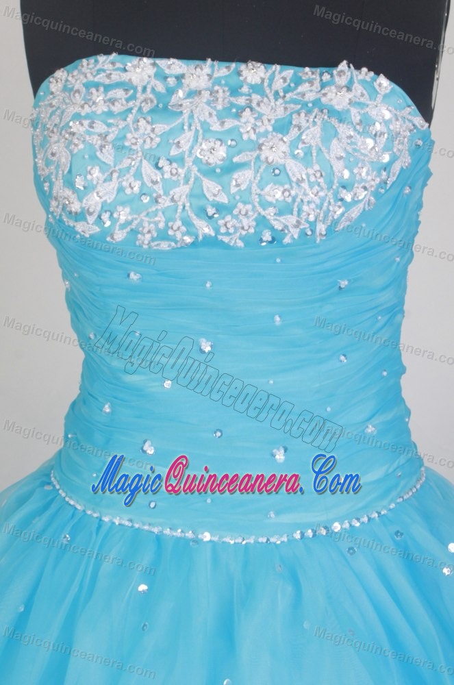 Most Popular Ball Gown Aqua Blue Beading Ruched Quinceanera Dresses