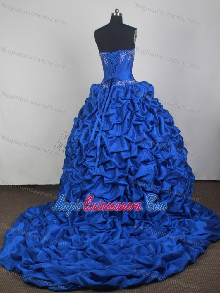 Blue Appliques Lilac Tulle Quinceanera Dresses with Court Train