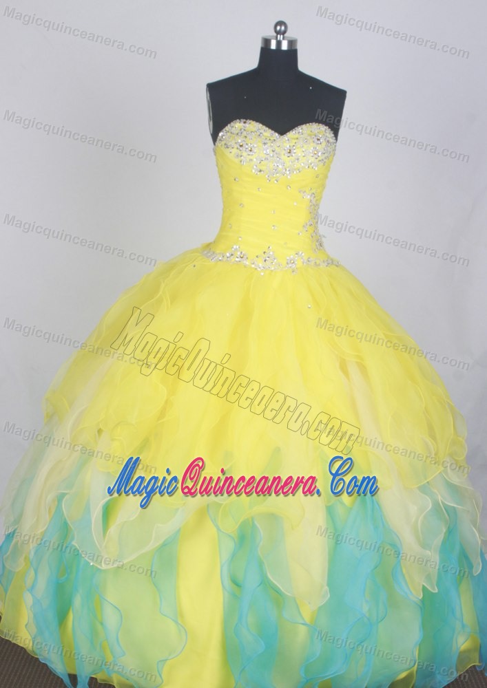 New Ruched Sweetheart Yellow and Blue Layered Quinceanera Dresses