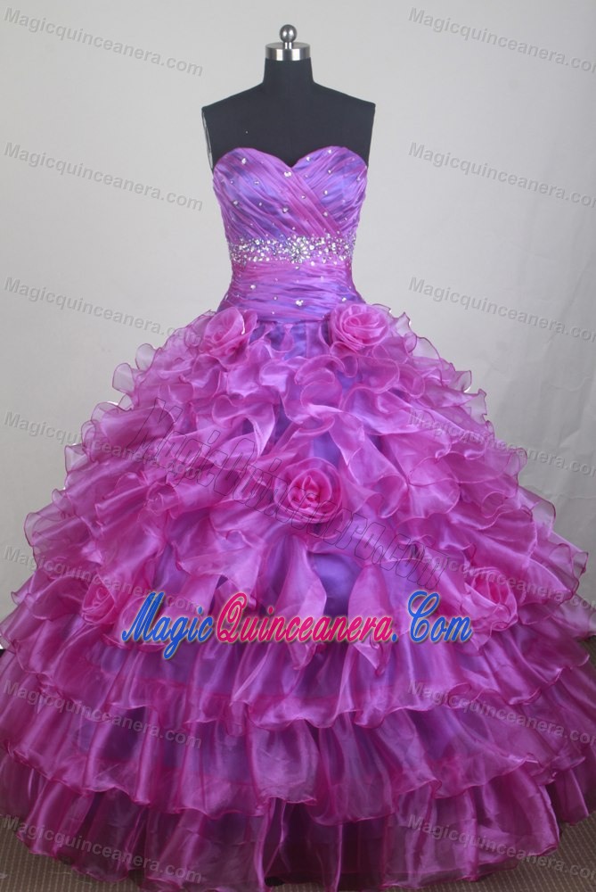 Tiered Organza Ruched Beading Fuchsia Dresses for Sweet Quinceanera