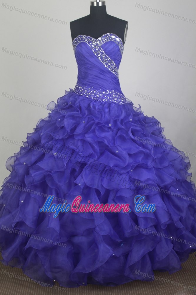 Beading Ruched Purple Organza Quinceanera Dresses with Ruffles