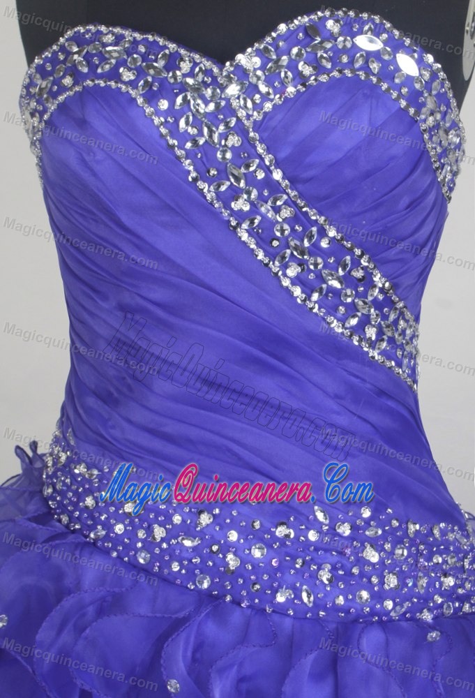 Beading Ruched Purple Organza Quinceanera Dresses with Ruffles