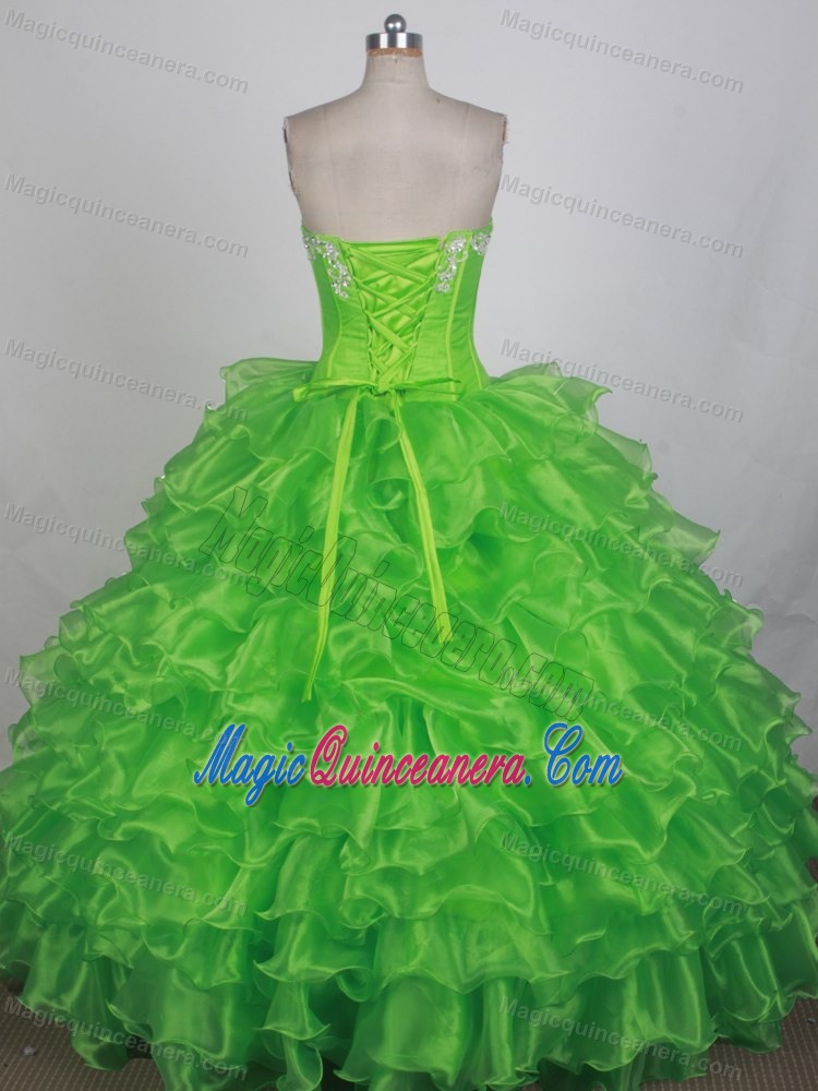 Spring Green Embroidery Organza Quinceanera Dresses with Ruffles