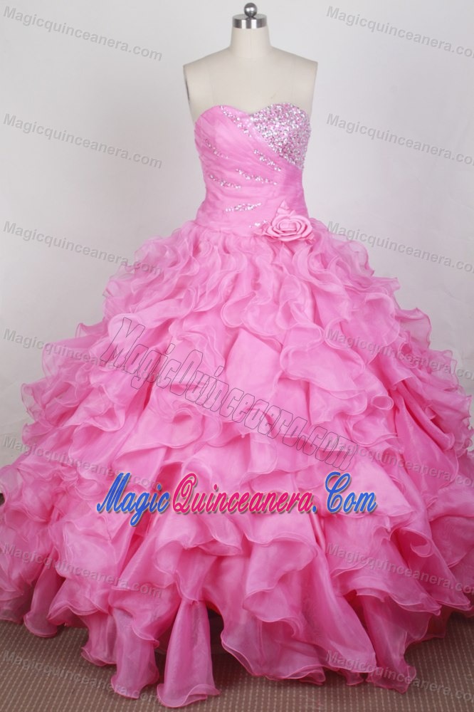 Flowers Beading Ruched Pink London Quinceanera Dress with Ruffles