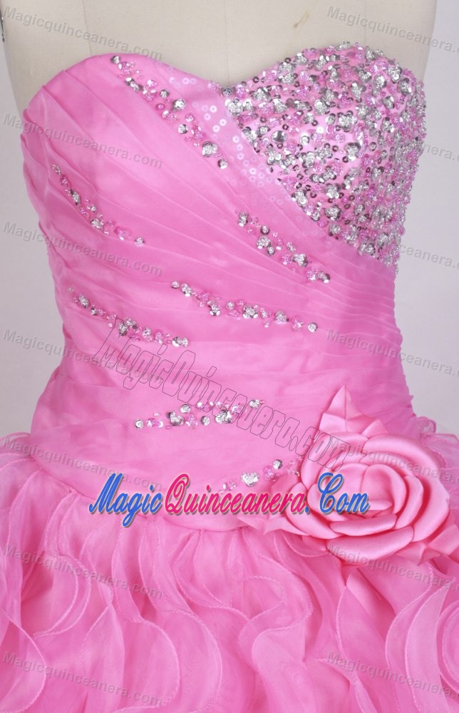 Flowers Beading Ruched Pink London Quinceanera Dress with Ruffles