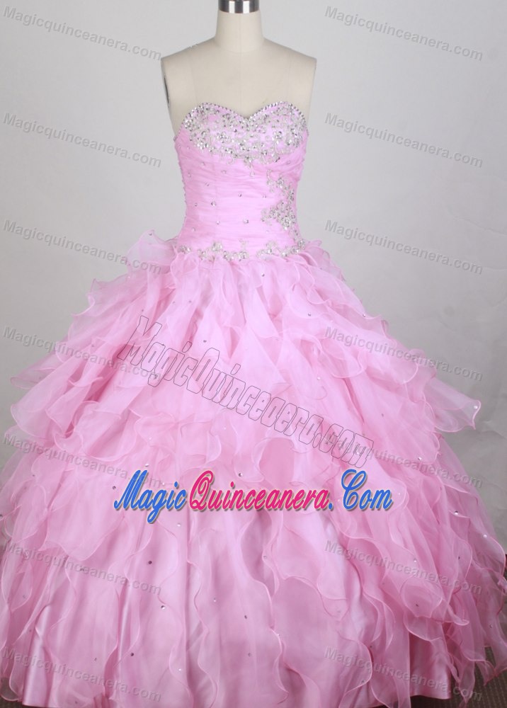 Baby Pink Ruching Beaded Sweet 15 Quinceanera Dress with Ruffles