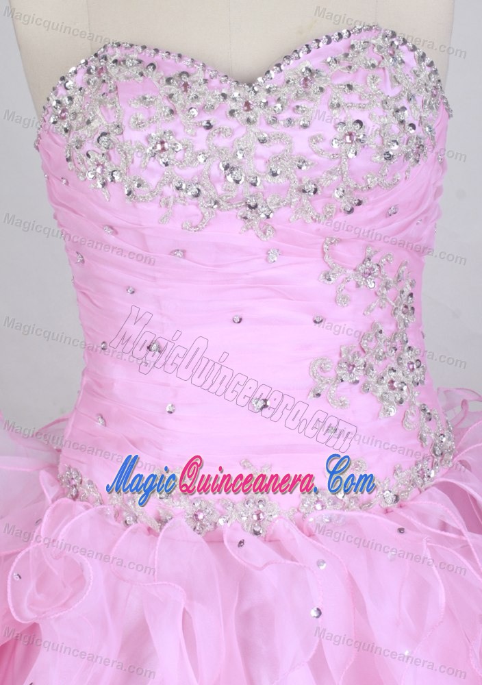 Baby Pink Ruching Beaded Sweet 15 Quinceanera Dress with Ruffles