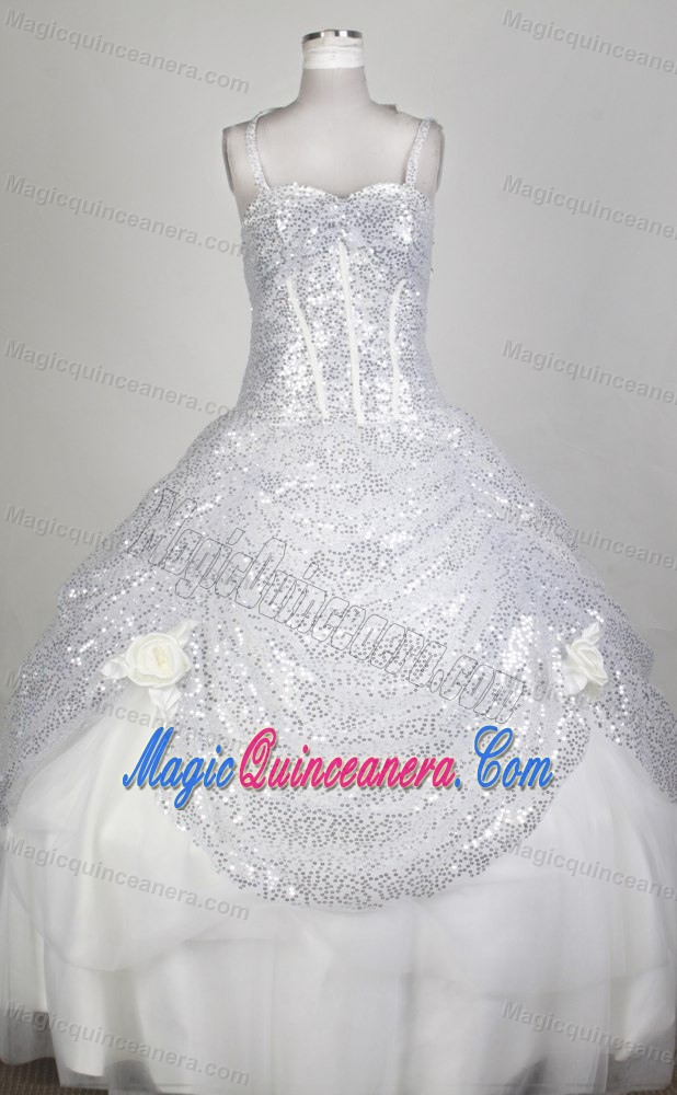 Paillette Spaghetti Straps White Quinceanera Dress with Flowers