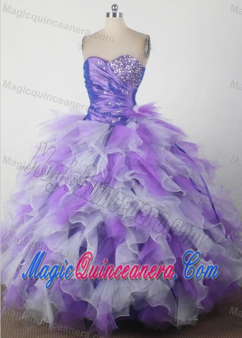 Sweetheart Beading Ruffles Quincenera Dresses in Purple and White