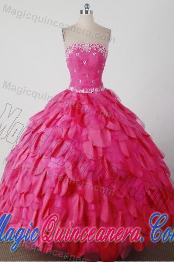 Hot Pink Strapless Beading Petal Layers Quincenera Dresses