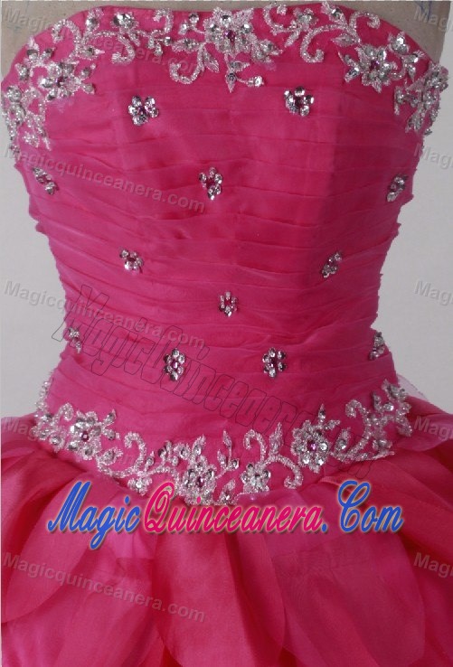 Hot Pink Strapless Beading Petal Layers Quincenera Dresses