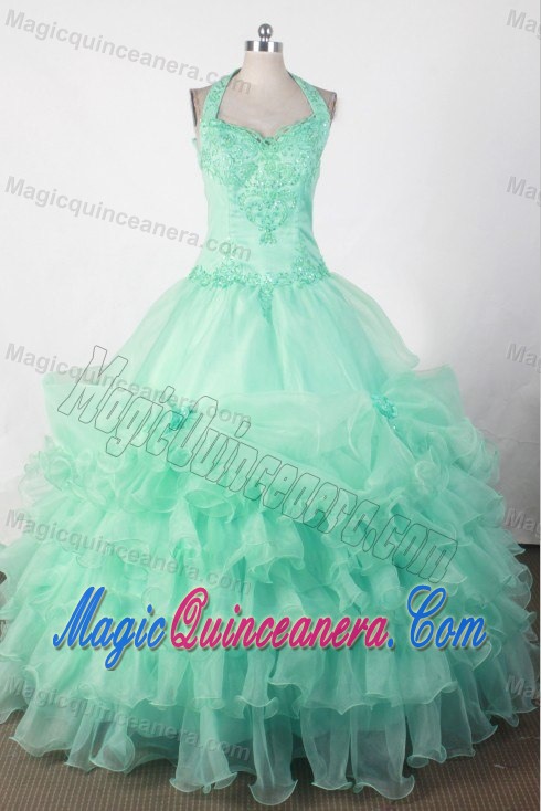 Sweetheart Halter Mint Green Quinceanera Gown with Beading and Appliques