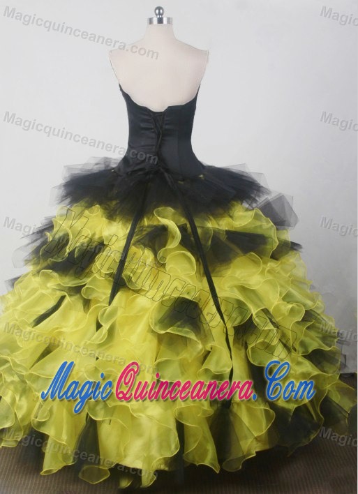 Yellow and Black Beading Sweetheart Ruffled Quincenera Dresses