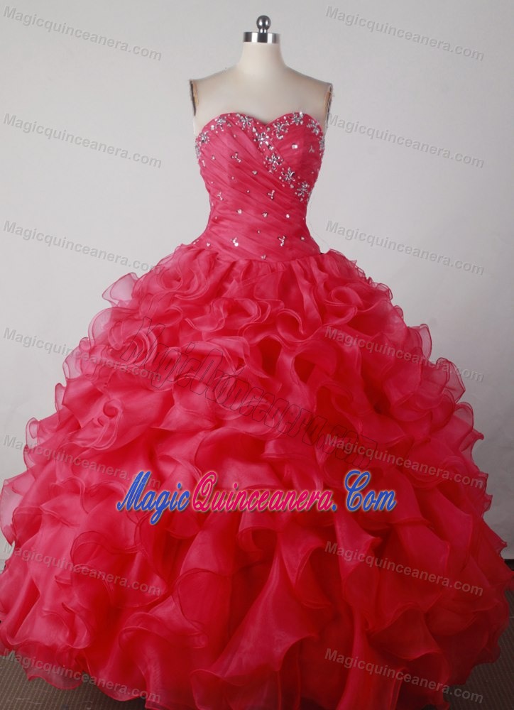 Beading Sweetheart Floor-length Red Ruffles Quincenera Dresses