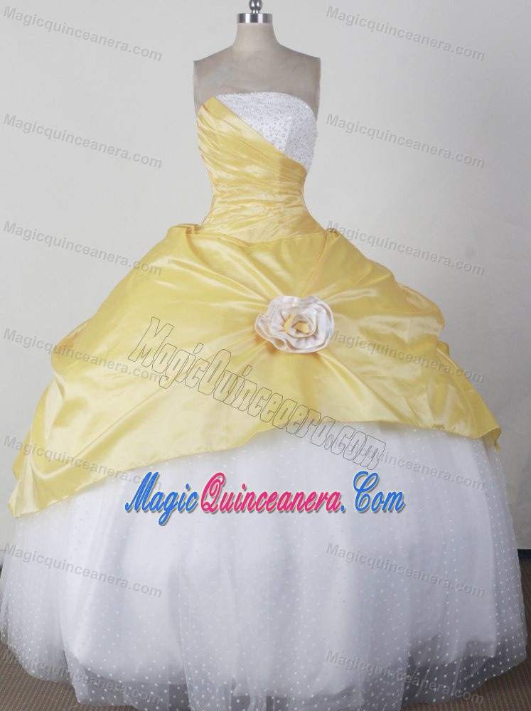 Yellow and White Ruched Beading Strapless Quince Dresses