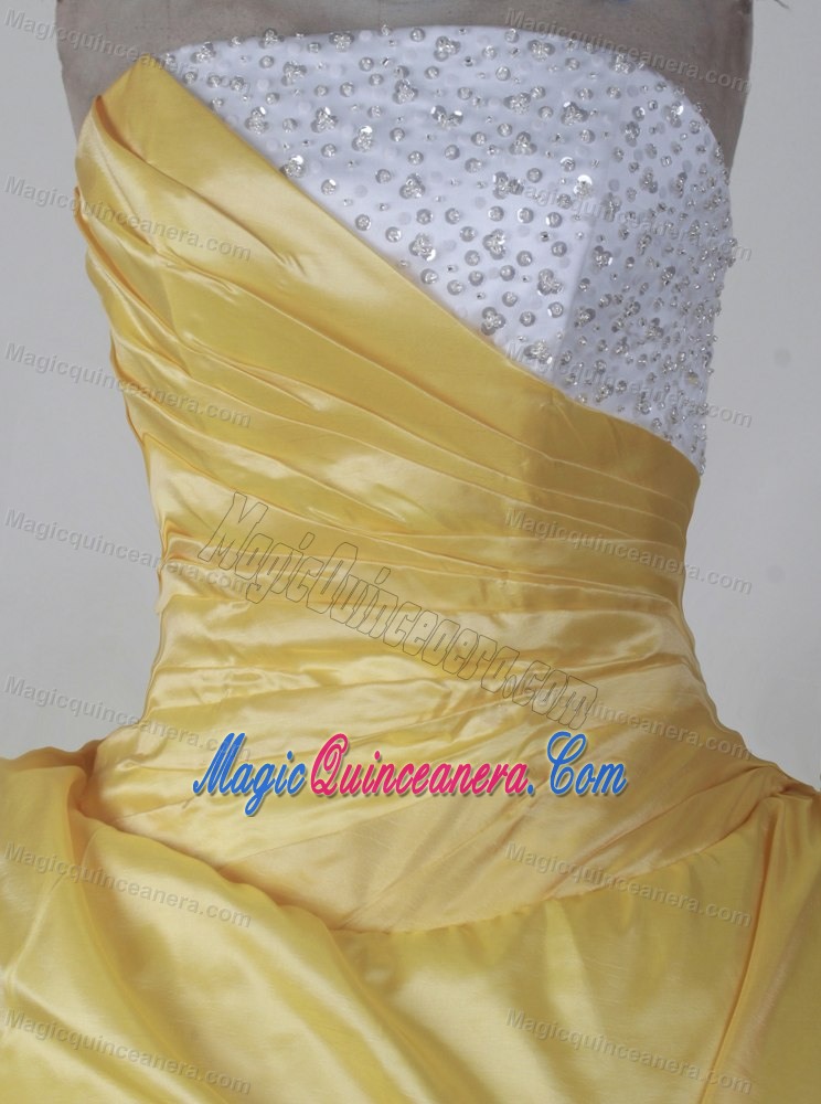 Yellow and White Ruched Beading Strapless Quince Dresses
