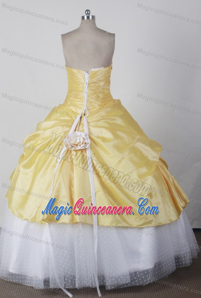 Yellow and White Ruched Beading Strapless Quince Dresses
