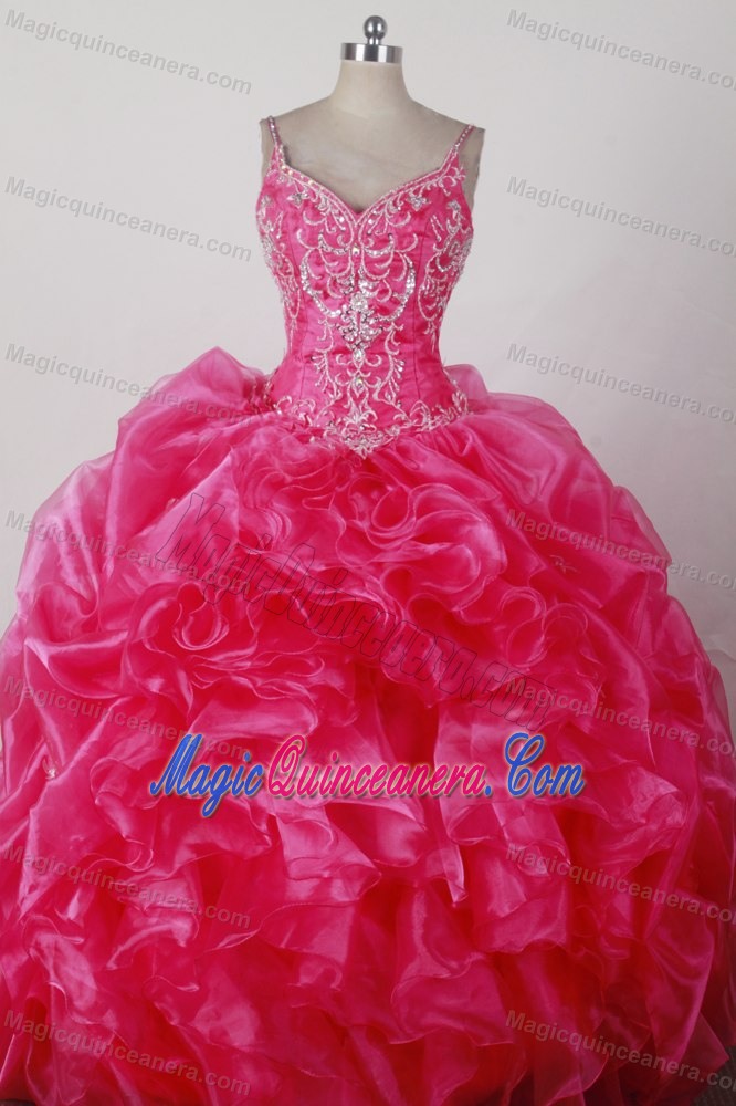 Beading Straps Ruffles Hot Pink Quincenera Dresses on Sale in Puno