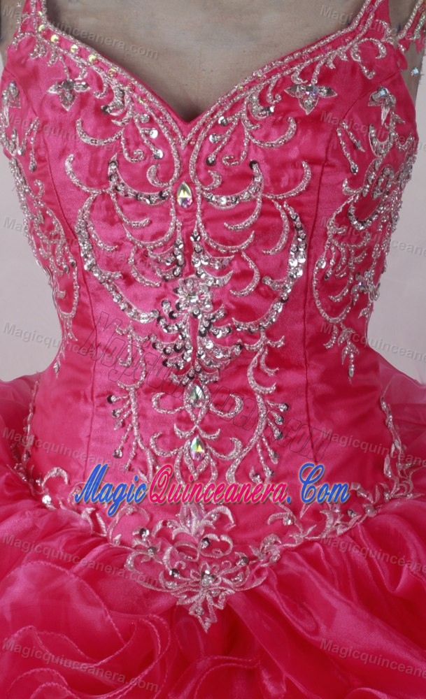Beading Straps Ruffles Hot Pink Quincenera Dresses on Sale in Puno