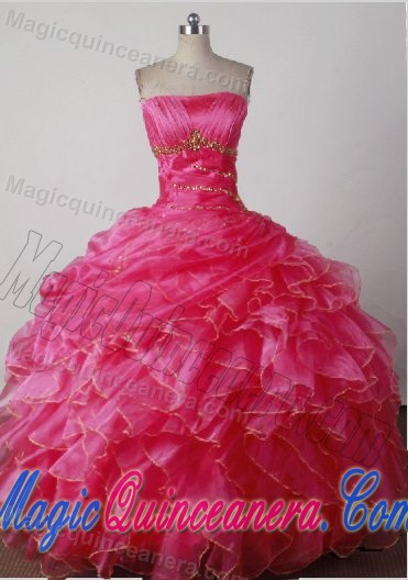Pleated Strapless Hot Pink Ruffles Sweet 16 Quinceanera Dresses