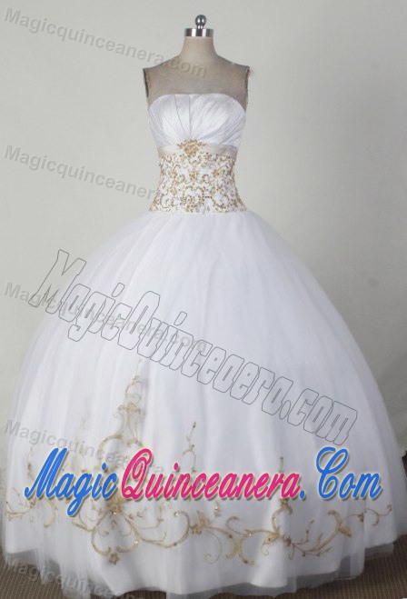 White Ball Gown Strapless Gold Embroidery Quincenera Dresses