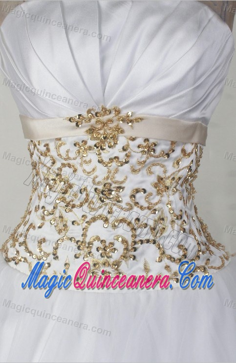 White Ball Gown Strapless Gold Embroidery Quincenera Dresses