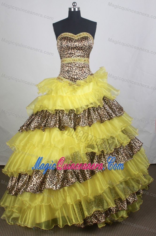 Leopard and Yellow Sweetheart Chapel Train Quinceanera Dresses