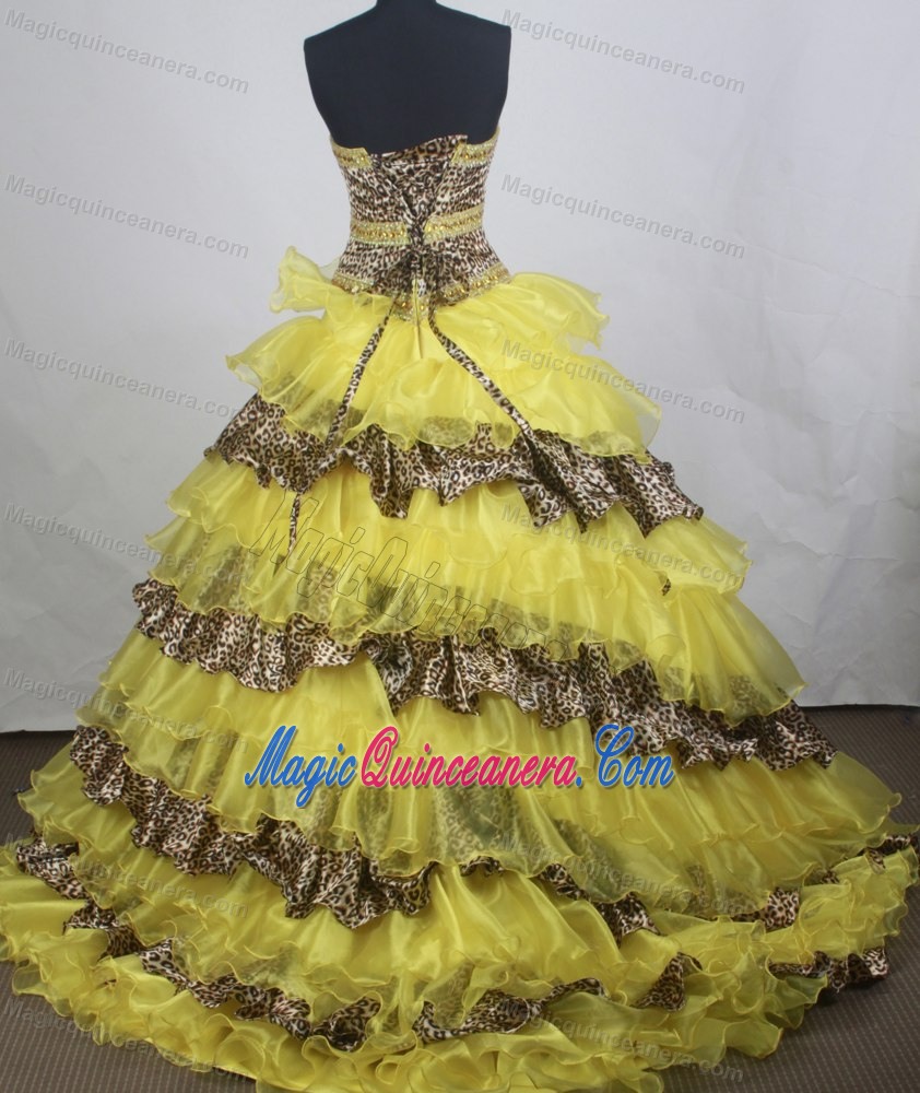 Leopard and Yellow Sweetheart Chapel Train Quinceanera Dresses