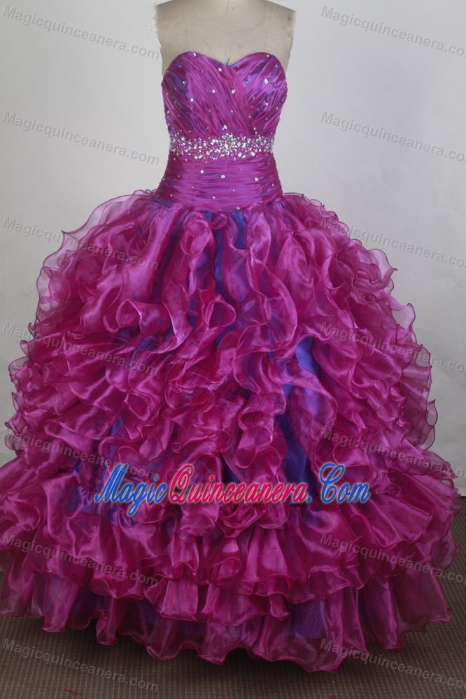 Fuchsia Ball gown Sweetheart Beading Ruffled Quince Dresses